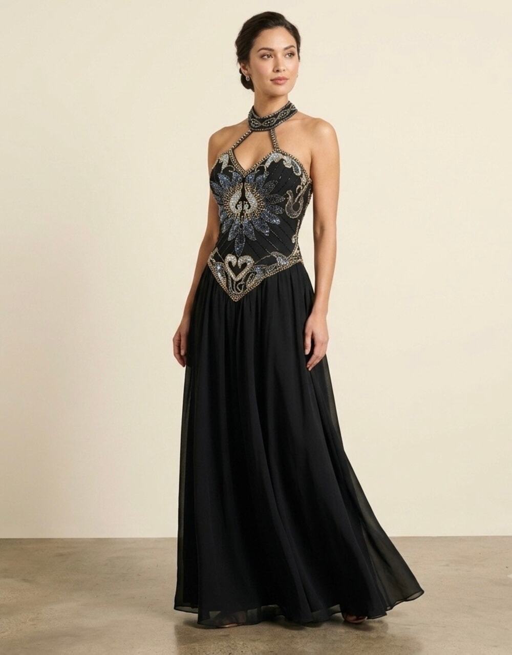 VTG Eleganz 100% Silk Beaded Sequin Formal Dress Gown Black Size 10 NWT